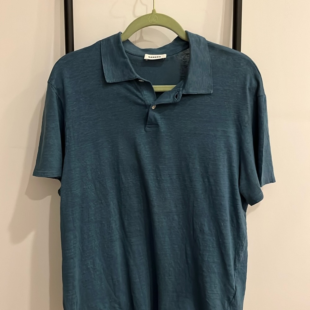 Sandro Blue Linen Short Sleeve Polo Men Size XL